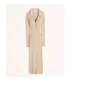Abercrombie & Fitch Beige Long Sleeve Ribbed Midi Dress